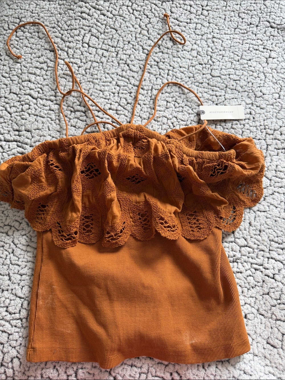 Anthropologie Rust Orange Off-Shoulder Crochet Ruffle Camisole
